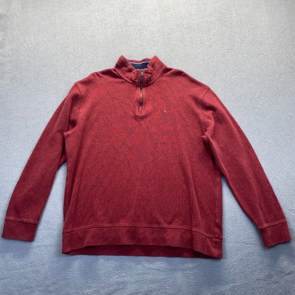 TOMMY HILFIGER Men’s Size XXL Mock-Neck 1/4 Zip Sweater Burgundy,Cotton